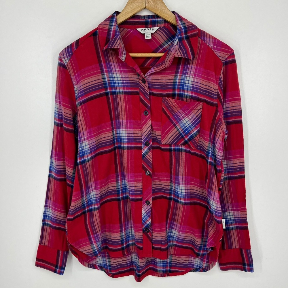 Orvis Womens Red‎ Pink Plaid Button Down Stretch Flannel Shirt Small